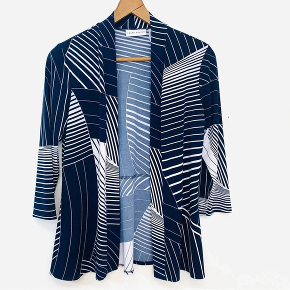 Susan Graver Liquid Knit Cardigan Woman XS Open Navy Blue Stripe 3/4 Sleeve Work - Picture 1 of 11
